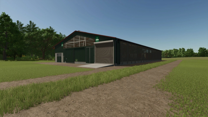 fs25-mods,  Unrealistic Animal Husbandries mod for FS25 showing a large, green animal barn in a grassy field.