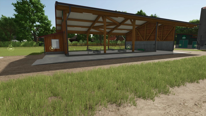 fs25-mods,  FS25 mod Unrealistic Animal Husbandries v1.1.0.0 featuring a wooden farm shelter with open space and surrounding greenery.