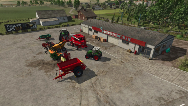 fs25-mods, FS25 Unrealistic Mod Pack v1.0.0.0 showing farming equipment and tractors on a farmyard in Farming Simulator 25.