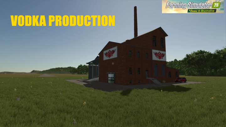 fs25-mods,  FS25 mod: Vodka Production. A rustic brick building in a field, part of Farming Simulator 25 mods.