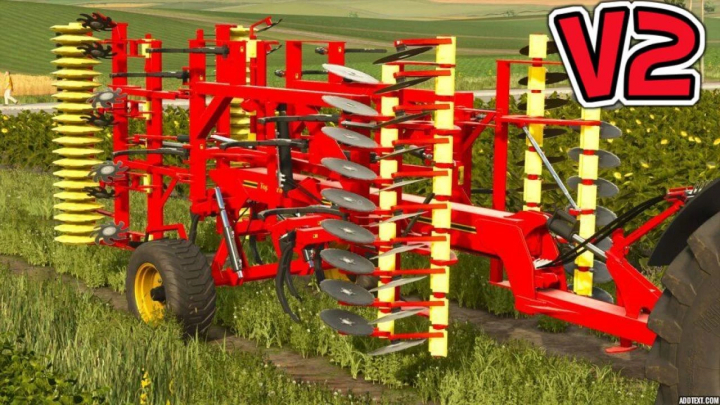 fs25-mods,  FS25 mod: Väderstad TopDown 500 v2.0.0.0, a vibrant red cultivator in a field, Farming Simulator 25 equipment.