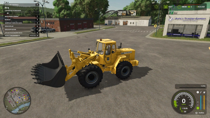 fs25-mods,  Volvo LM845 loader mod in Farming Simulator 25, parked near a tractor center with game HUD visible.