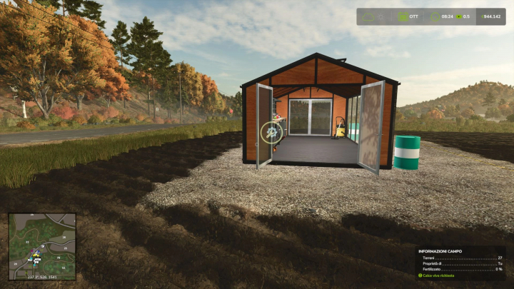 fs25-mods,  FS25 Workshop mod v1.0.0.0, featuring a wooden workshop with open doors, set in an autumn landscape.