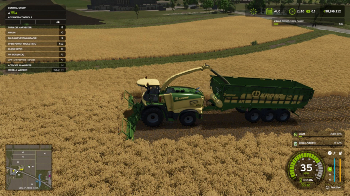 fs25-mods,  FS25 mod Yurg's Custom Pack showing a Krone harvester in a wheat field with control menu on screen.