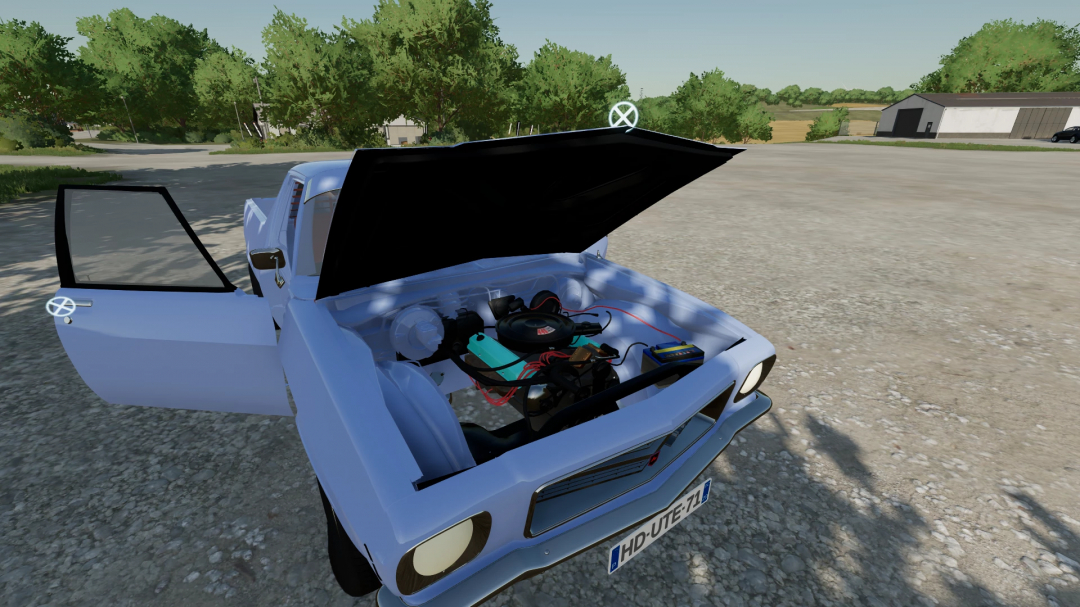 1971 Holden Belmont HQ mod for FS22 showing the engine with open hood and driver door, set in a rural background.