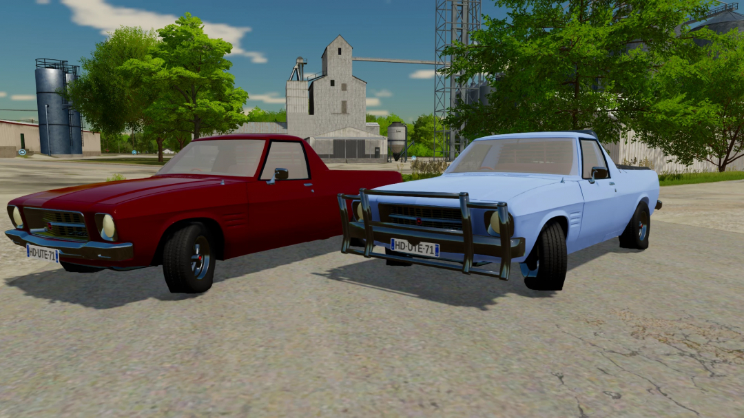 FS22 mods: 1971 Holden Belmont HQ in red and blue, parked in Farming Simulator 22 setting.