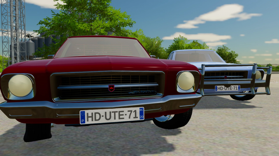 FS22 mod 1971 Holden Belmont HQ v1.0.0.0 featuring two classic cars in red and white against a rural backdrop in Farming Simulator 22.