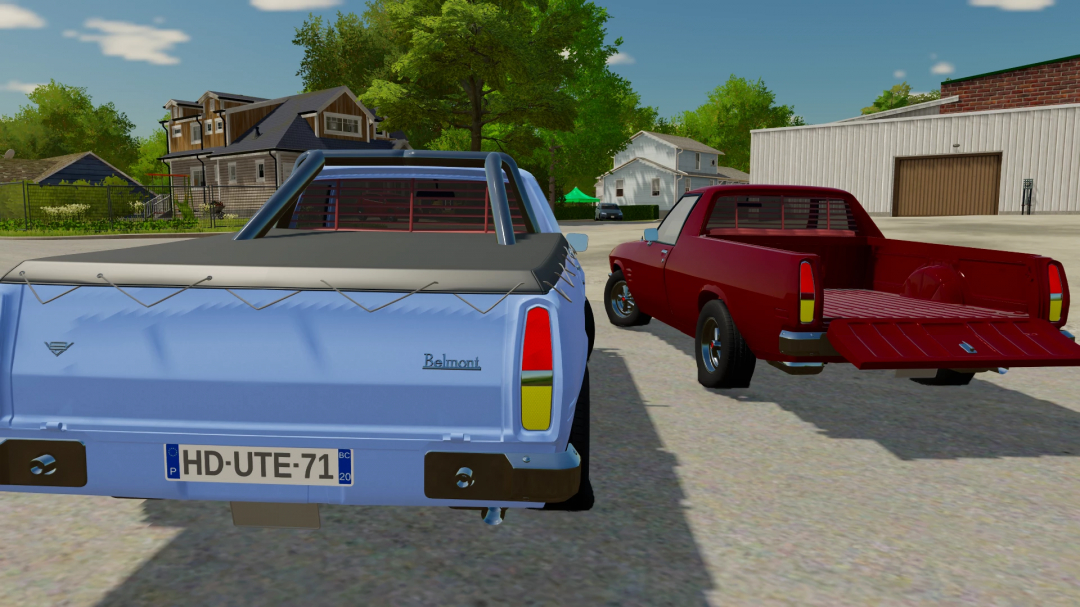 FS22 mod 1971 Holden Belmont HQ in light blue and red parked in a rural setting. Farming Simulator 22 mod.