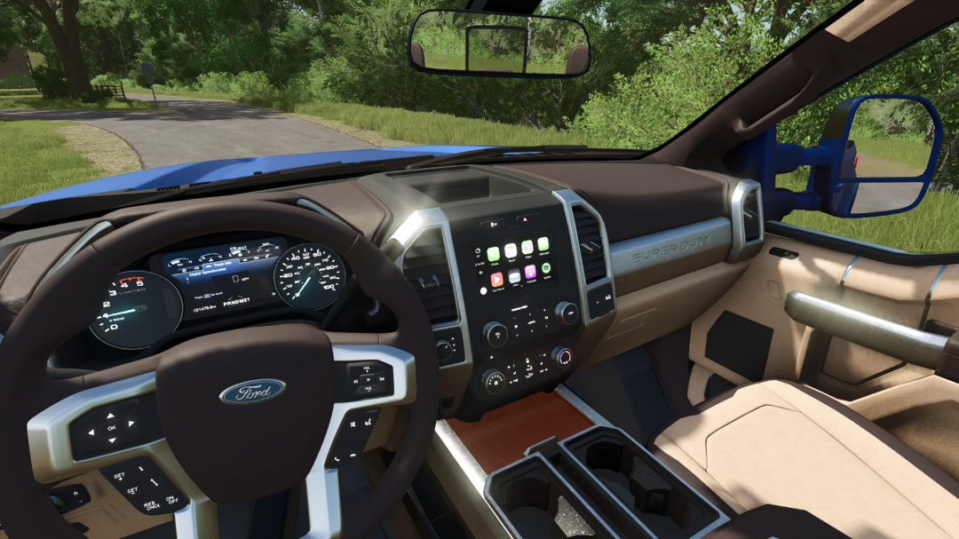 Interior view of 2019 F250 Limited v1.0.0.1 mod in FS25, showcasing detailed dashboard and controls.