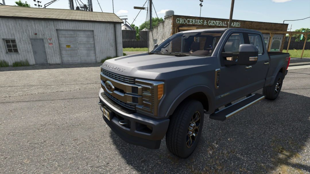 FS25 mod 2019 F250 Limited v1.0.0.1 parked in front of rural shop