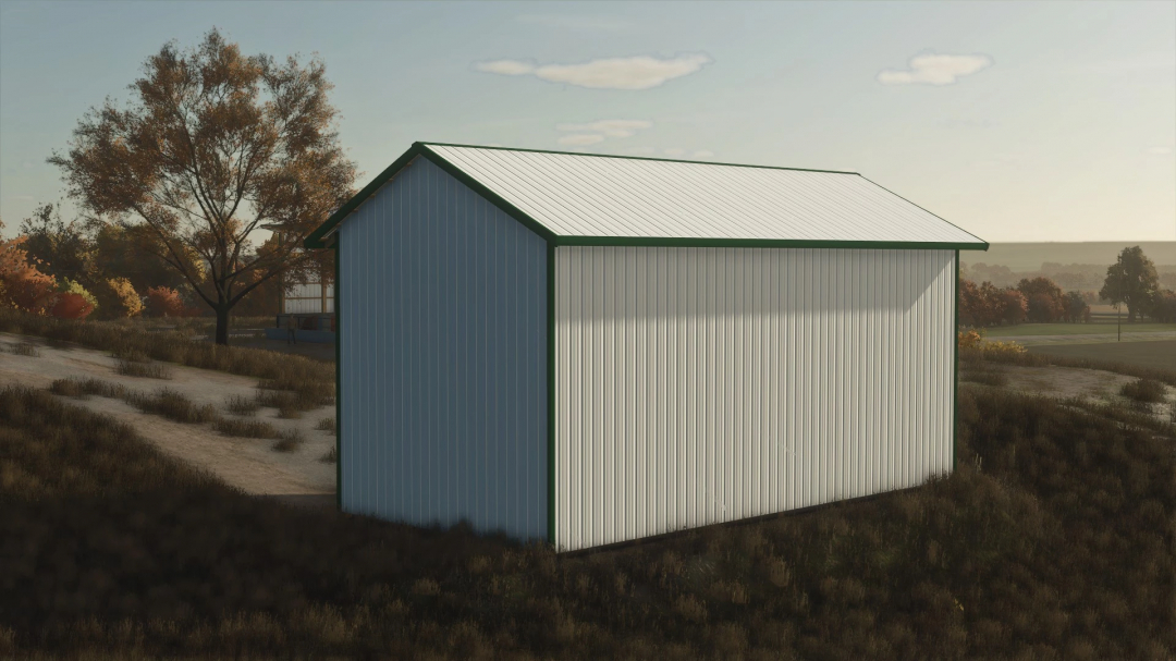 25x45 Hay Shed mod for Farming Simulator 25, featuring a large white metal barn in a rural setting.