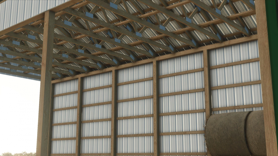 Interior view of 25x45 Hay Shed mod for FS25, showcasing wooden beams and metal siding.