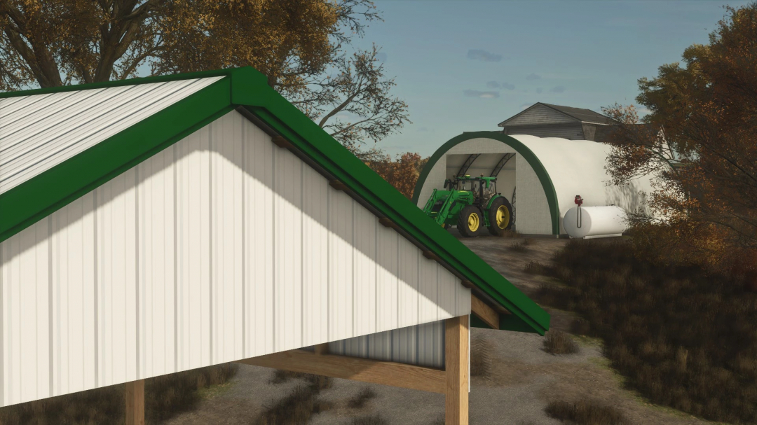 FS25 mods: 25x45 Hay Shed with green trim in Farming Simulator 25, featuring a tractor inside.