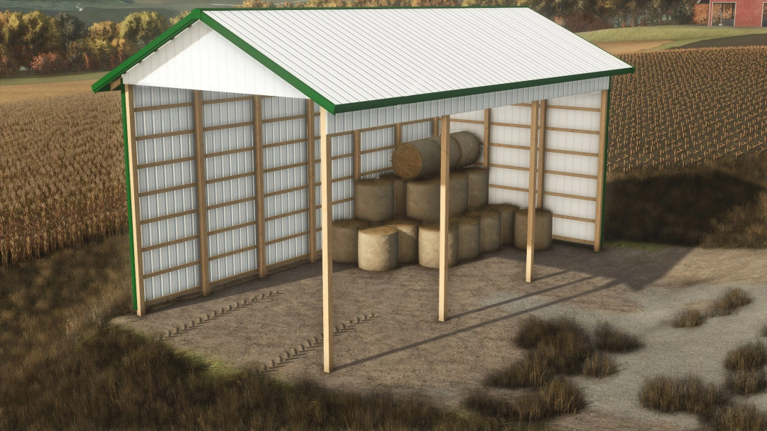 25x45 Hay Shed mod in FS25, showcasing a large structure with hay bales inside, set in a rural farming landscape.