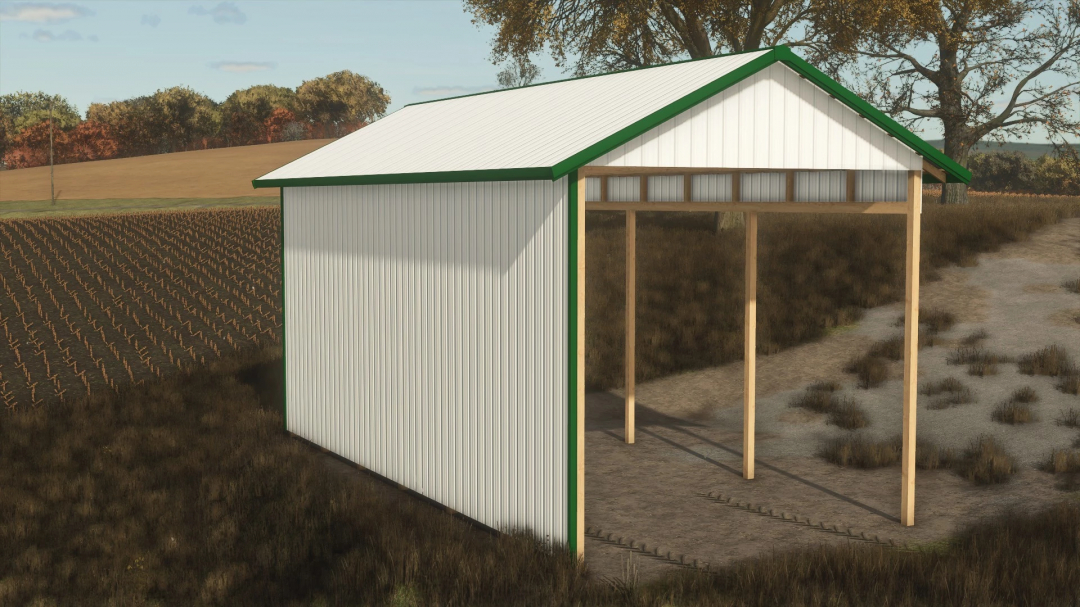 25x45 Hay Shed mod in FS25, featuring a white metal structure with green trim, located by a field under clear skies.