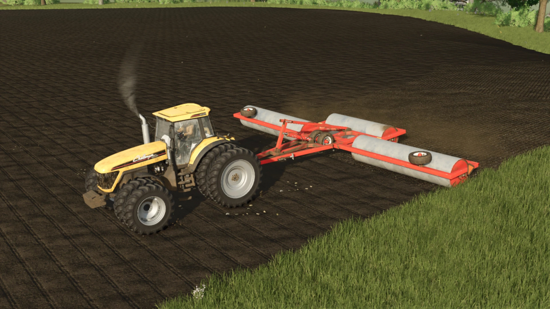 FS25 mod: 40FT Land Roller in action on farmland, enhancing soil quality in Farming Simulator 25.