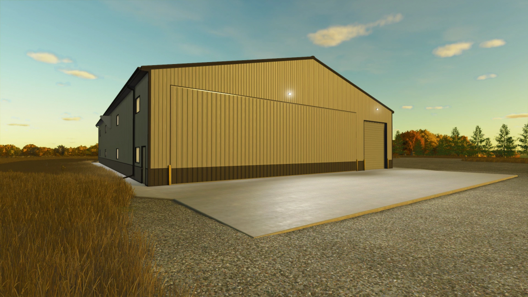 81x120 Shop mod for FS25, featuring a large agricultural warehouse under a clear sky.