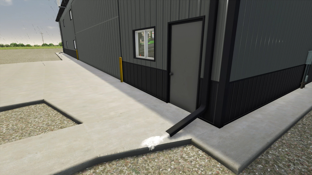 Farming Simulator 25 mod 81x120 Shop v1.0.0.0 showing building exterior with drainage pipe.