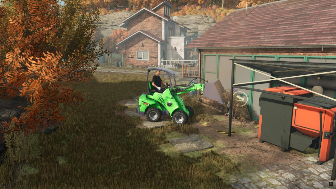 AVANT Series v1.0.0.0 mod in FS25, showcasing a green loader working near houses and trees.