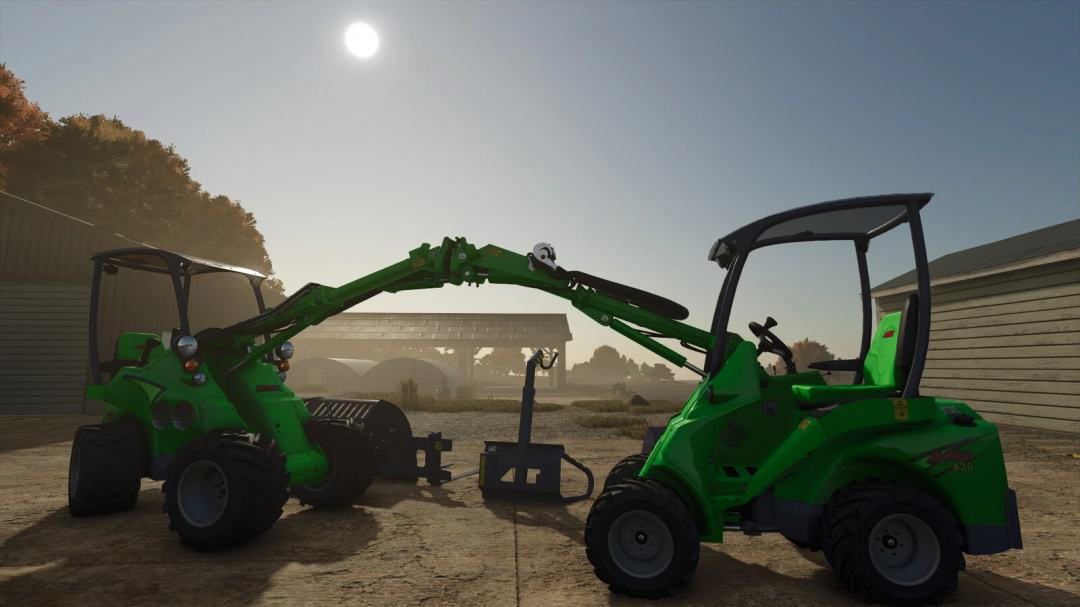 AVANT Series mod in Farming Simulator 25 showing two green loaders with extended arms in a farm setting.