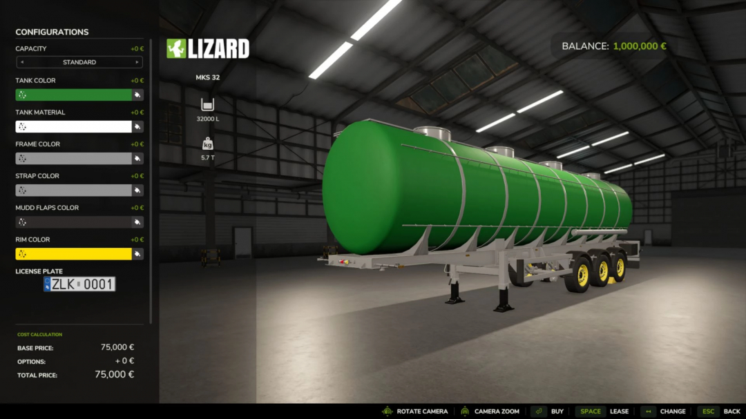 FS25 mod All Liquids Trailers v1.0.0.4 showcasing a green tank trailer in a garage with custom configuration options.