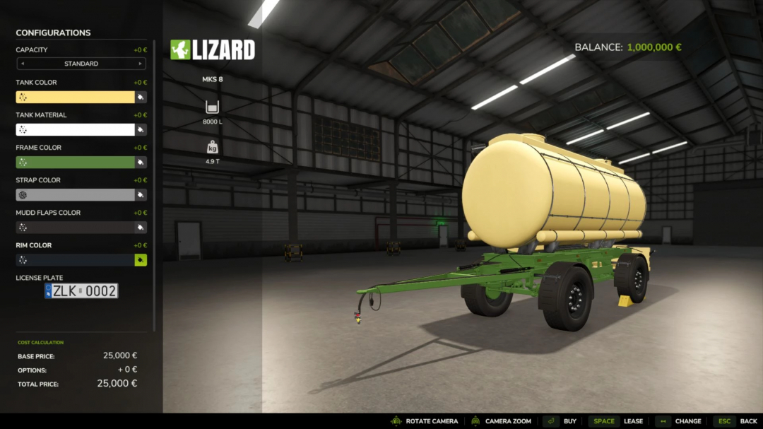 FS25 All Liquids Trailers v1.0.0.4 mod showing a custom yellow tank trailer in a garage.