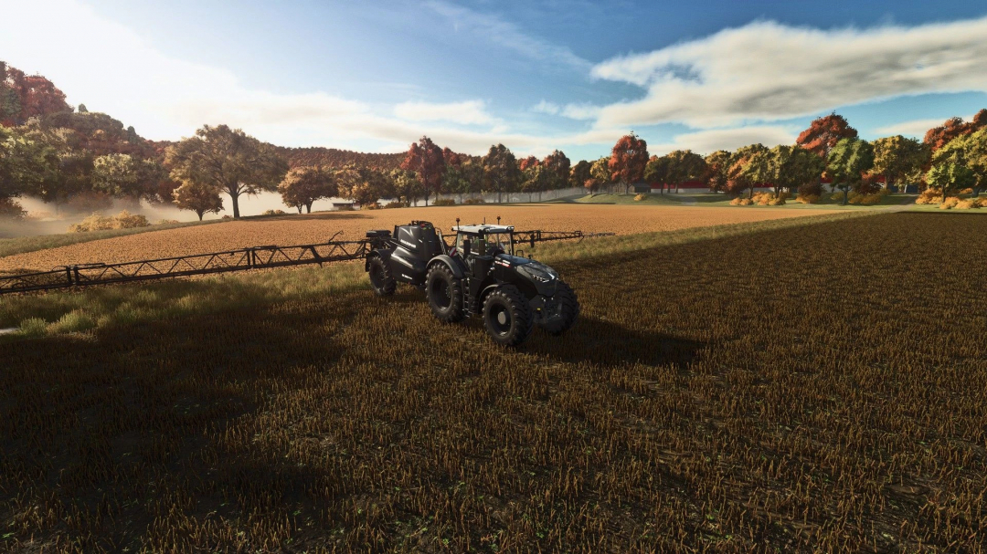 FS25 mod Amazone UX 5201 Super v1.0.0.0 spraying crops on a farm field under a cloudy sky.