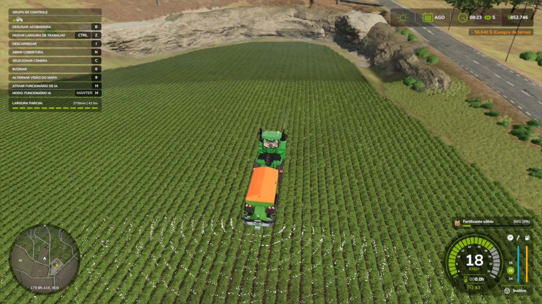 FS25 mod Amazone ZG TS 10001 spreading fertilizer on a large field.