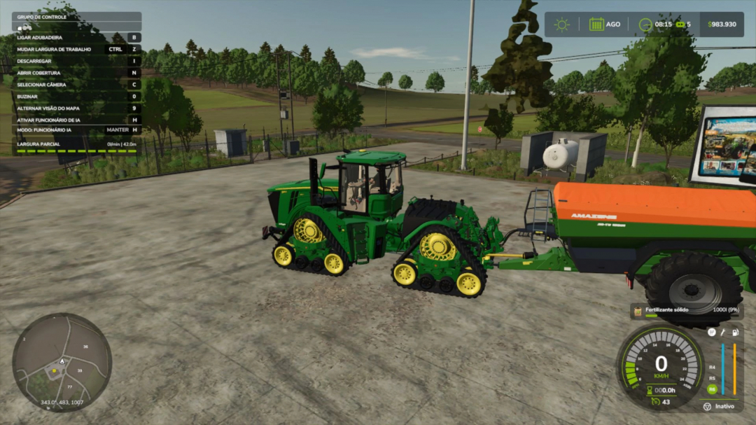 FS25 mods: A green tractor with an Amazone ZG TS 10001 fertilizer spreader in Farming Simulator 25.