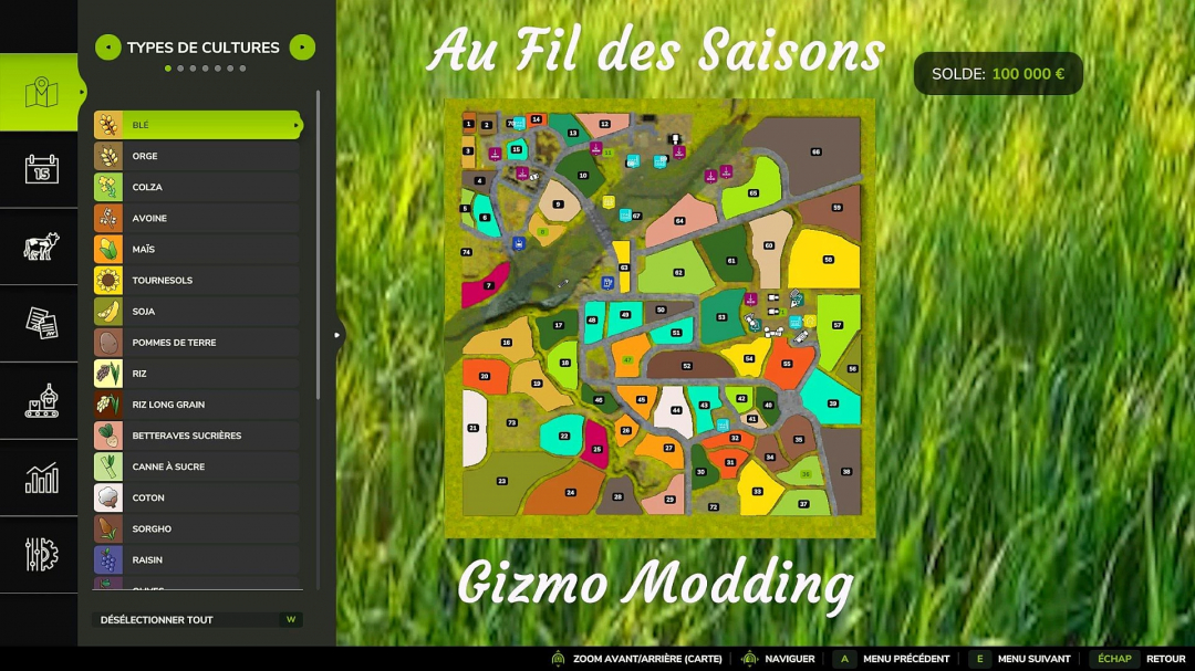 Map of 'Au Fil des Saisons' mod in FS25 showing colorful plots and crop types selection menu.