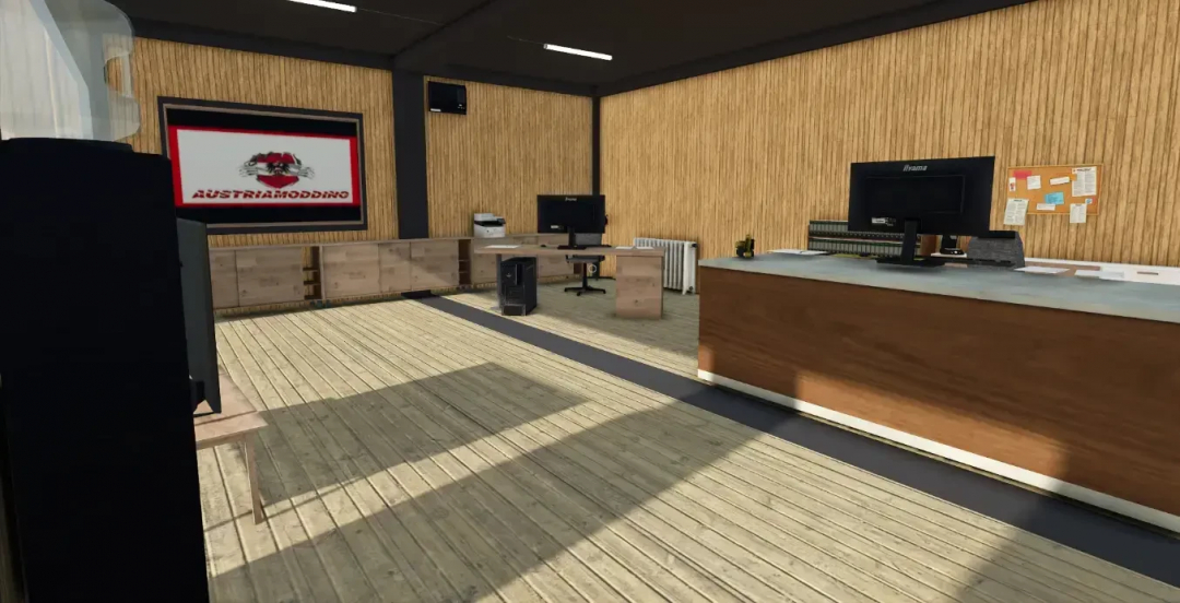 Modern office interior in FS25 AustriaModding Modern Shed mod.