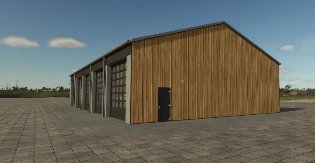 AustriaModding Modern Shed in FS25, featuring a large wooden structure with multiple garage doors, set under a clear sky.