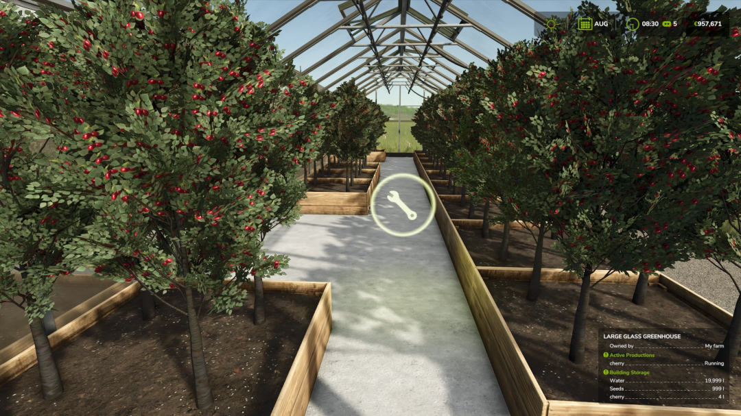 FS25 mod image showing cherry trees in large glass greenhouse for Brandy Production v1.0.0.0.