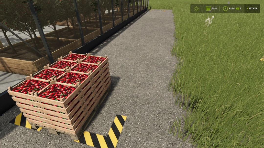 FS25 mods: Wooden crates filled with red peppers near greenhouses in Farming Simulator 25.