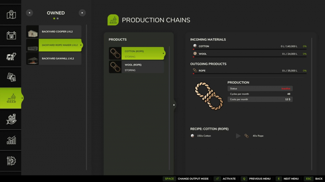 FS25 Backyard Productions LVL2 mod showing rope production chain with cotton and wool inputs.