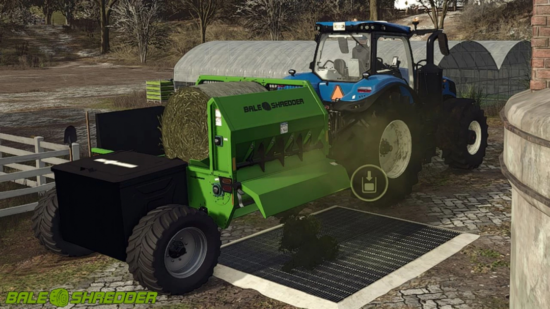 FS25 mod Bale Shredder v1.0.0.0 in use with a blue tractor, shredding hay bales.