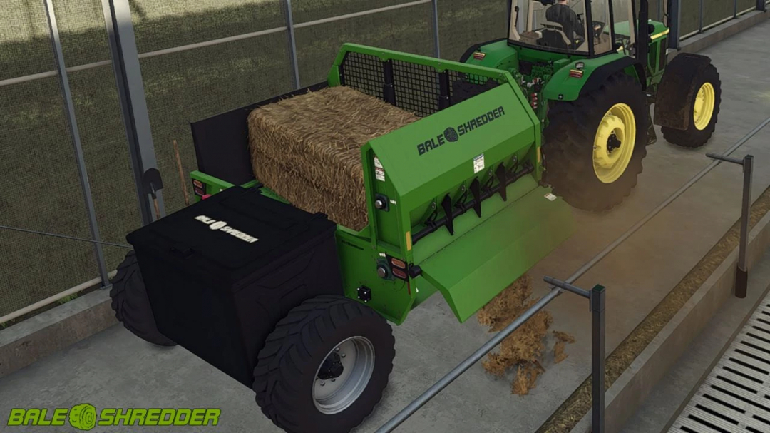 FS25 mod Bale Shredder v1.0.0.0 attached to a tractor, processing hay in Farming Simulator 25.