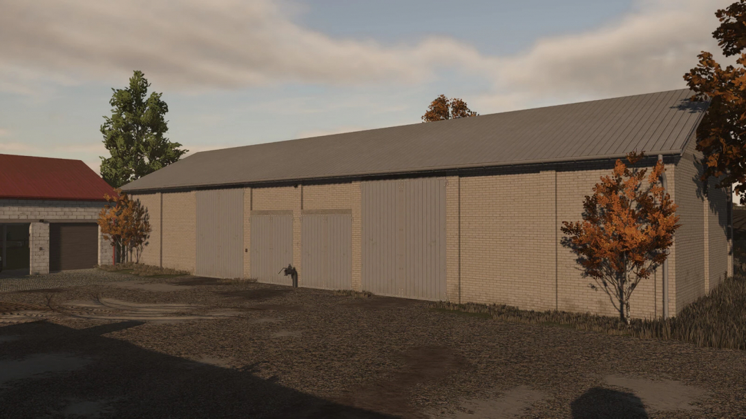 FS25 mod Barn With Cows v1.0.0.0 showing a large beige barn exterior in a rural setting.