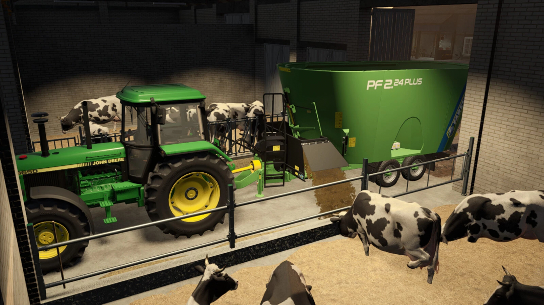 FS25 mods, Barn With Cows v1.0.0.0 showing a green tractor with feed mixer inside a barn with cows.