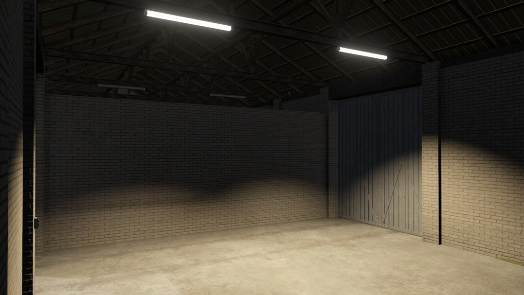 FS25 mod Barn With Cows v1.0.0.0 features an empty barn interior, highlighting brick walls and wooden ceiling beams.