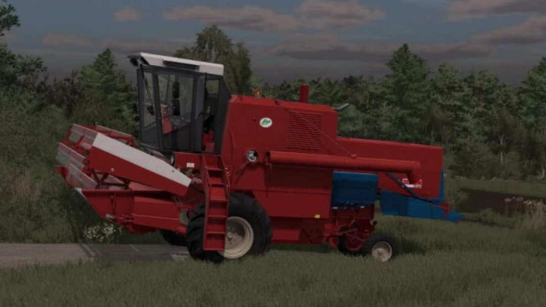 Bizon Z-050/Z-056/Z-057 combine mod in FS22, showcasing red machinery against a forest backdrop.