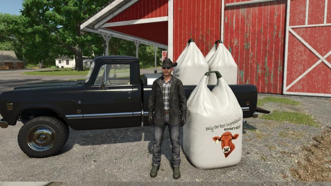 FS25 mod Bovine's Best TMR with cow food bags beside a black pickup truck and barn.