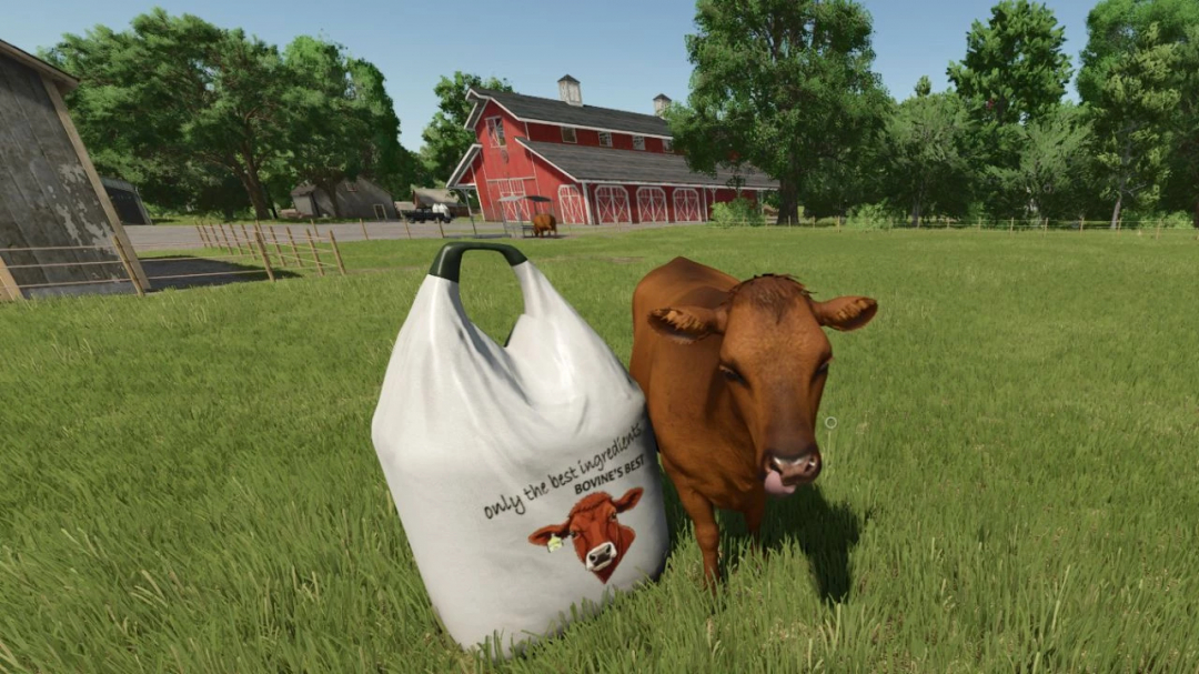 FS25 mod Bovine's Best TMR Big Bag Cow Food next to a cow in a grassy field with a barn in the background.