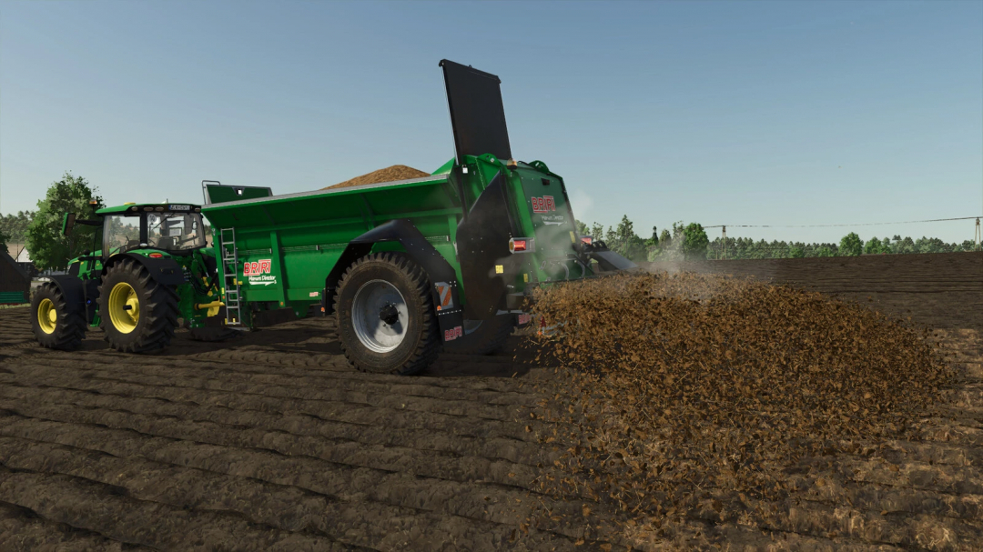 FS25 mods Briri Manure Director 14 spreading fertilizer on field in Farming Simulator 25.