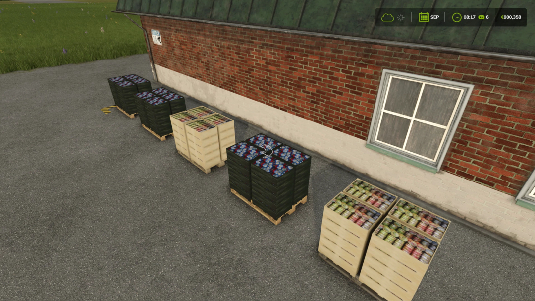 FS25 Caviar Production mod showing pallets with caviar outside a brick building.