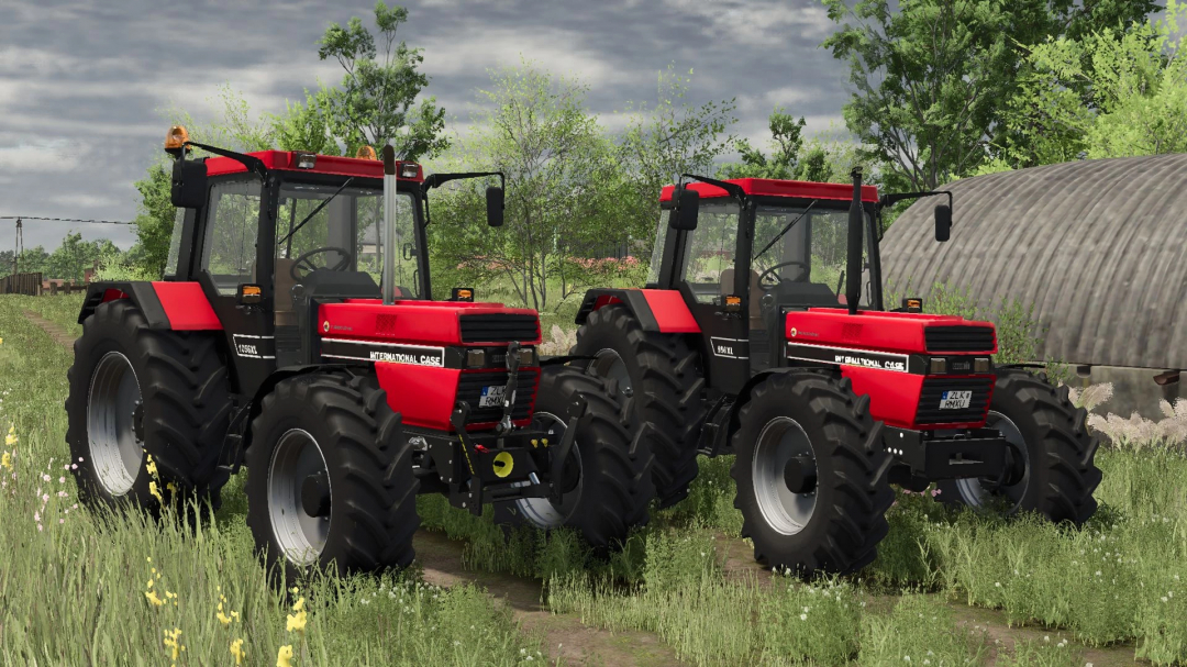 Case IH 56 Series tractors in FS25 mod, showcasing two red tractors on a farm landscape.