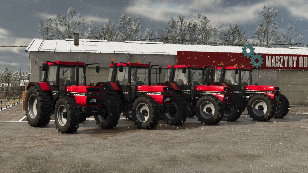 Lineup of red Case IH 56 Series tractors mod in FS25, displayed outdoors in a snowy setting.