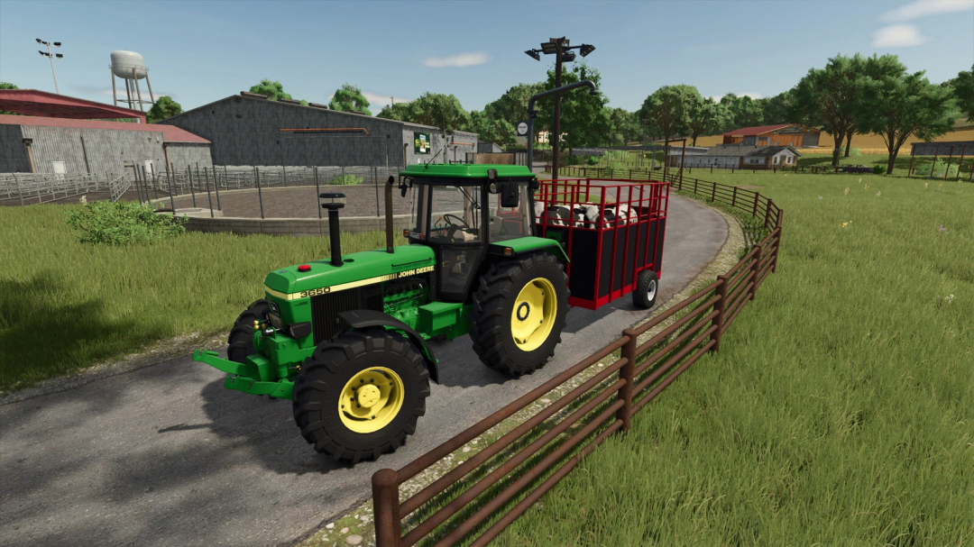 FS25 mod: Green tractor towing red Cattle Trailer v1.0.0.0 on a farm road.