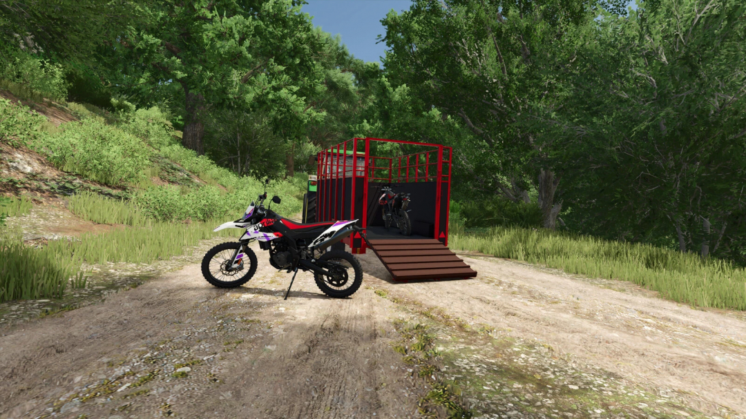 FS25 mod Cattle Trailer v1.0.0.0 with motorcycles on a dirt path in a forest setting, enhancing Farming Simulator 25 gameplay.