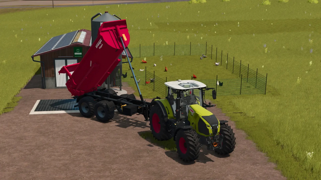 FS25 mod features a chicken coop with wooden facade and a tractor unloading feed.